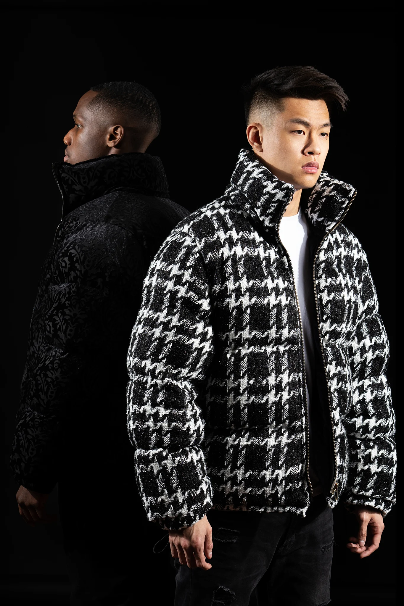 Fashion product shot featuring a metallic jacket and bold styling